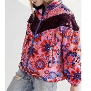 Free People Sun Valley Velvet Pink Bomber Jacket Puffer Burnout XS